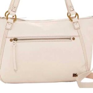 SATCHEL, LEATHER, STONE COLOUR, TOP ZIPPER, TOP HANDLES, SHOULDER STRAP, POCKETS